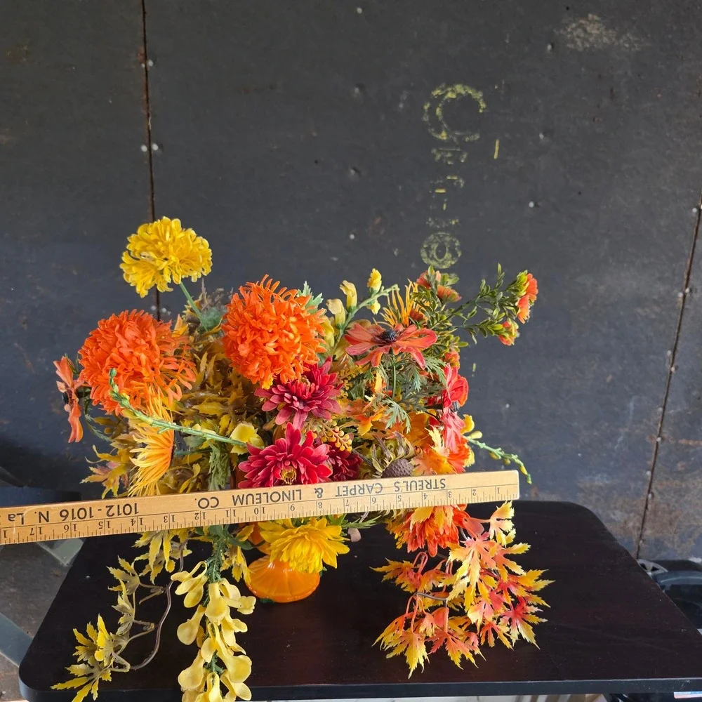60s Plastic Flower Power Arrangement Orange Autumn Groovy in Slag Glass Vase